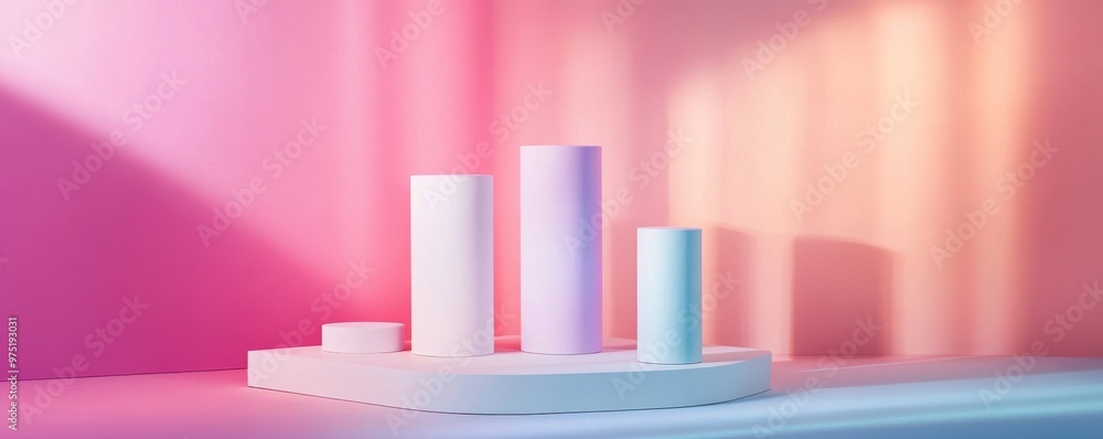 Poster colorful cylinders on abstract podium with gradient background