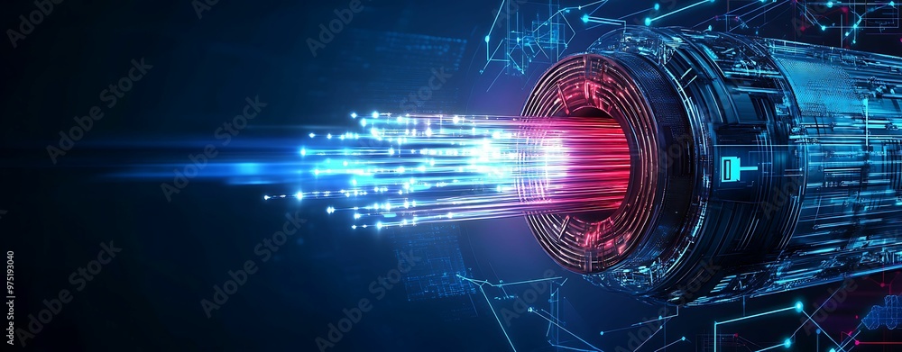 Poster advanced iot connectivity network in futuristic setting with fiber optic cables illuminated by clear