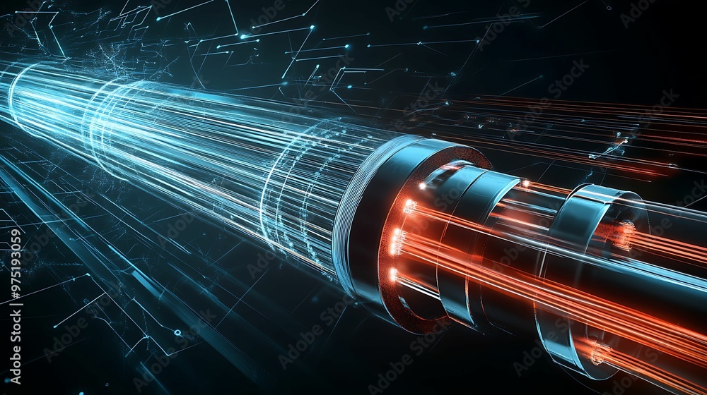 Poster illuminated fiber optic connections in abstract digital painting on dark background with sharp focus