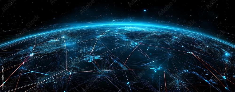 Poster illuminated fiber optics network in connected world - digital painting of telecommunication infrastr