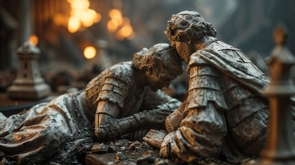 Fototapeta premium Dramatic Scene of Ancient Stone Statues Amidst Fire and Destruction