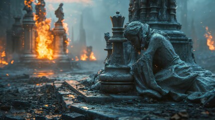 Obraz premium Serene Stone Statue Amidst Burning Ruins in Dramatic Twilight Setting
