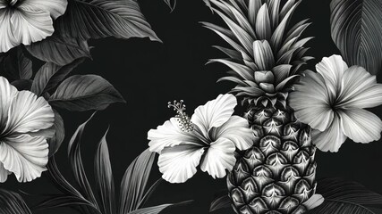 Elegant black and white floral design featuring hibiscus and pineapple in tropical arrangement - Powered by Adobe