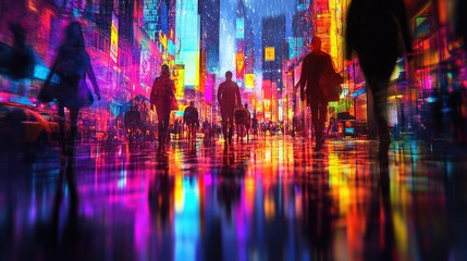 Dynamic cityscape with busy streets  colorful neon signs  