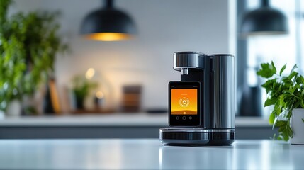 Fototapeta premium Modern smart coffee maker with touchscreen display on kitchen counter.