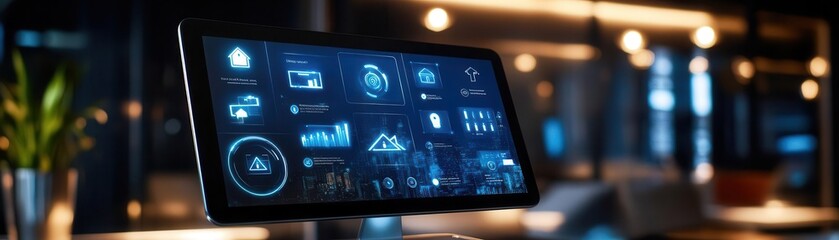 Closeup of a tablet screen displaying a user interface with various icons and graphs.