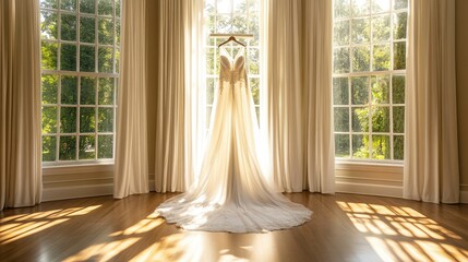 Elegant bridal gown hanging in a beautiful  