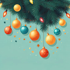 colorful christmas ornaments hanging from evergreen tree branch on a light blue background