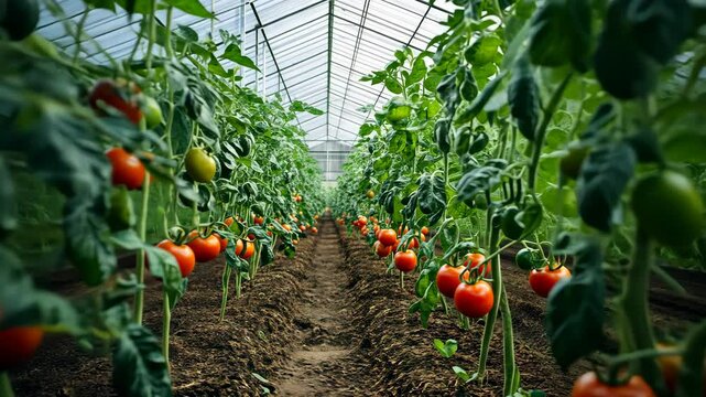 Growing ripe tomatoes in a greenhouse during the summer season at a local farm