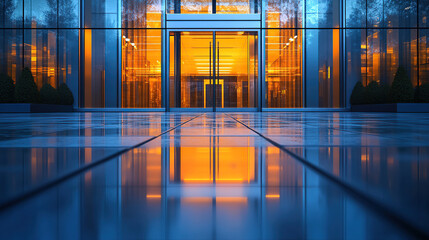 The entrance of an office building with glass walls is visible. A large door can be seen, and behind it, the interior lights glow in an orange color