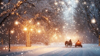 Winter Wonderland: Horse-Drawn Sleigh Ride with Sparkling Lights