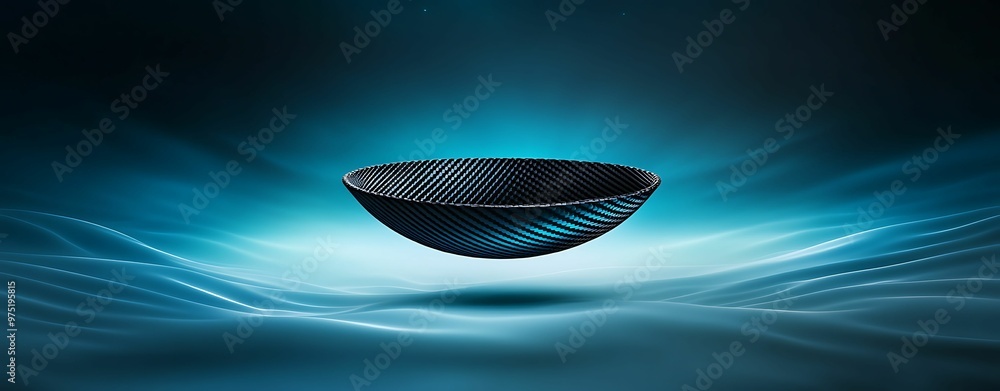 Poster futuristic carbon fiber object with symmetrical weave pattern on fantasy background illuminated by s