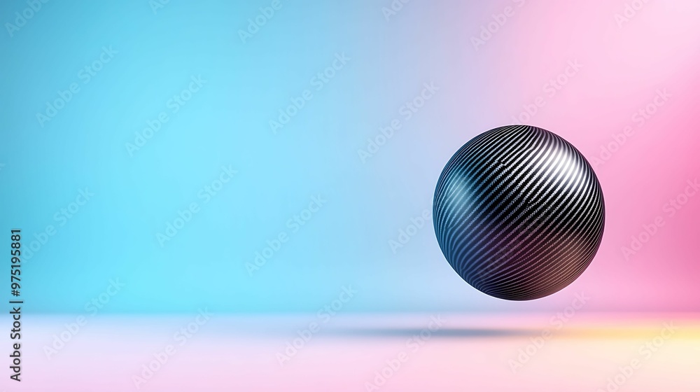 Poster spherical material with carbon fiber texture floating in a minimalist space illuminated by soft past