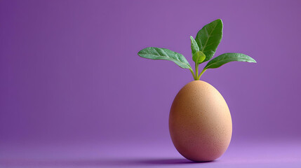 A minimalist image of a small plant sprouting from an egg, representing growth, sustainability, and nature's resilience.
