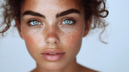 Close-up of Woman with Freckles and Blue Eyes
