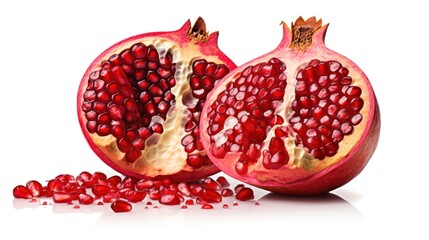A pomegranate fruit split open, revealing its glistening arils and seeds