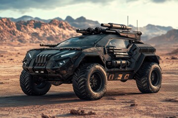 technology, a car equipped with war weapons and a war car model