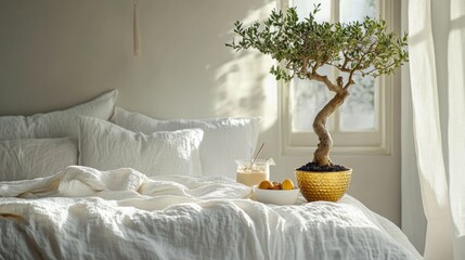 Zen Retreat: White Bedding, Smoothie Bowls & Golden Bonsai in a Stylish Bedroom