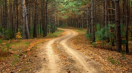 A rustic dirt road meandering through a pine forest, with fallen leaves and pine needles scattered along the path.