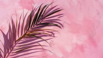 Obraz premium A serene palm leaf shadow serenely resting on a petal pink wall, evoking a sense of peace and tranquility.