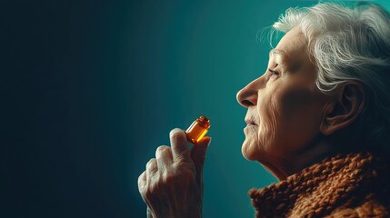Obraz premium Elderly woman thoughtfully holding a supplement bottle, reflecting health and wellness with a serene expression in a studio setting.