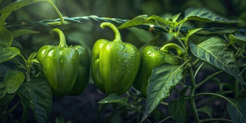 Three green bell peppers developing on a branch surrounded by vibrant green foliage.