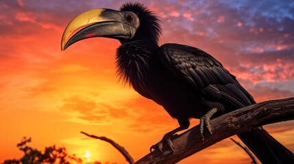 Obraz premium A silhouette of a Black Hornbill against a vibrant sunset, its silhouette capturing the essence of its majestic presence.