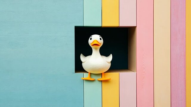 Playful Duck Peeks out From a Colorful Wooden Wall in Daylight Generative AI