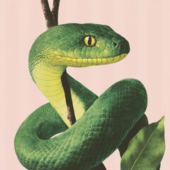 Fototapeta premium A modern and sleek digital illustration of a snake coiled around a tree branch symbolizing growth and renewal with a gradient of emerald green shades and metallic gold accents