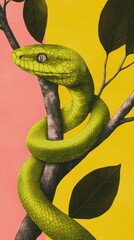 Obraz premium A modern and sleek digital illustration of a snake coiled around a tree branch symbolizing growth and renewal with a gradient of emerald green shades and metallic gold accents