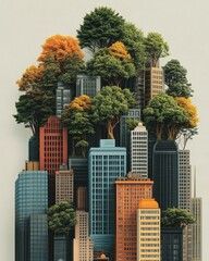 Obraz premium A surreal cityscape blending nature and architecture, showcasing vibrant trees atop modern skyscrapers in an artistic fusion.