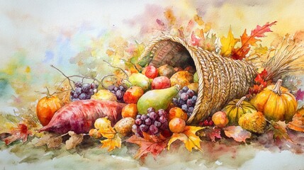 Watercolor Thanksgiving Cornucopia: Fruits, Vegetables, and Autumn Leaves 1