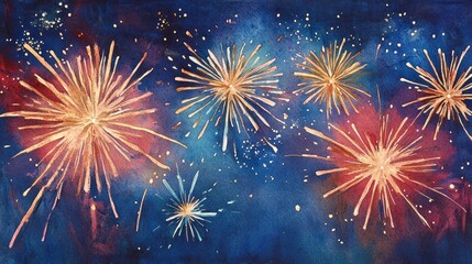 Fototapeta premium Watercolor Fireworks: A New Year's Celebration in the Night Sky