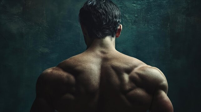 A strong male back view highlighting muscular definition and fitness aesthetics against a dark textured background.