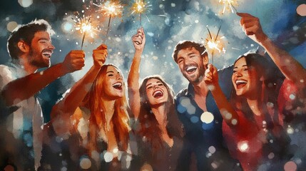 Obraz premium Sparkling Friends: Watercolor New Year's Eve Celebration - Art Print