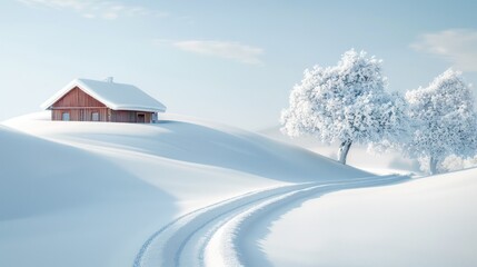 A snow-covered road leading to a snow-covered cabin