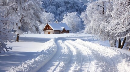 A snow-covered road leading to a snow-covered cabin