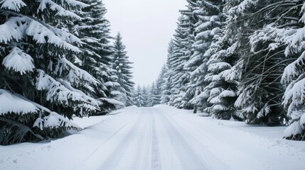 Obraz premium A snow-covered road lined with snow-covered pine trees