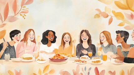 Warm Friendsgiving Laughter: Watercolor Friends Feasting with Fall Colors