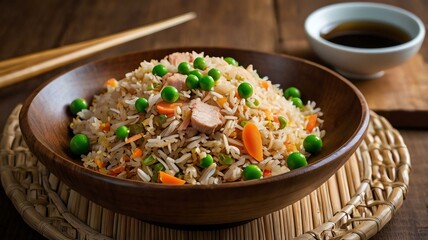 leonardo kino xl porkfried rice a traditional mix of rice eg served aesthetically in a wooden bowl and table