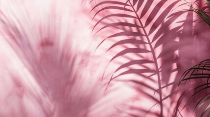 Obraz premium A soft, diffused palm leaf shadow adorning a subtle rose-colored wall, exuding a romantic and feminine vibe.