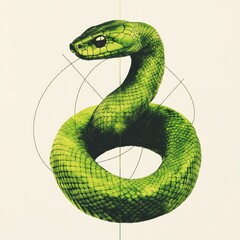 Fototapeta premium A modern and sleek digital illustration of a snake coiled in a circle with geometric patterns and shapes in the background symbolizing harmony and balance with green and gold metallic accents