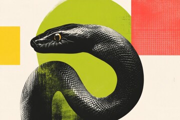 A modern and sleek digital illustration of a snake coiled in a circle with geometric patterns and shapes in the background symbolizing harmony and balance with green and gold metallic accents