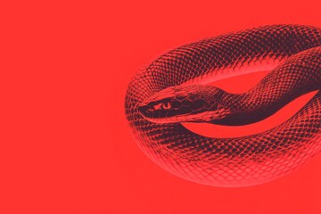 A modern and sleek digital illustration of a snake coiled in a double helix symbolizing energy and life force with a gradient of fiery red and orange shades with metallic copper accents