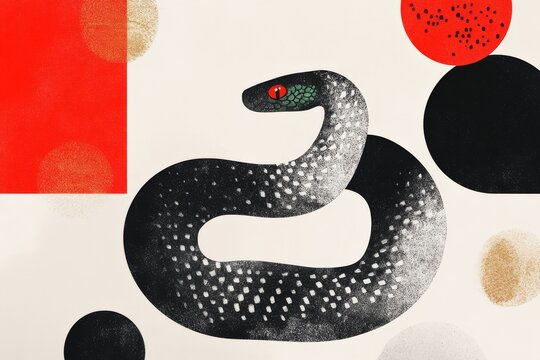 A modern and sleek digital illustration of a snake coiled in a circle with geometric patterns and shapes in the background symbolizing harmony and balance with green and gold metallic accents