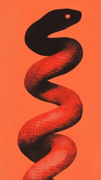 A modern and sleek digital illustration of a snake coiled in a double helix symbolizing energy and life force with a gradient of fiery red and orange shades with metallic copper accents