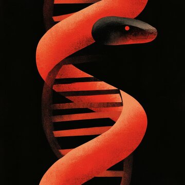 A modern and sleek digital illustration of a snake coiled in a double helix symbolizing energy and life force with a gradient of fiery red and orange shades with metallic copper accents