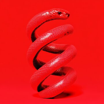 A modern and sleek digital illustration of a snake coiled in a double helix symbolizing energy and life force with a gradient of fiery red and orange shades with metallic copper accents