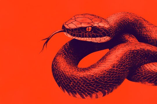 A modern and sleek digital illustration of a snake coiled in a double helix symbolizing energy and life force with a gradient of fiery red and orange shades with metallic copper accents