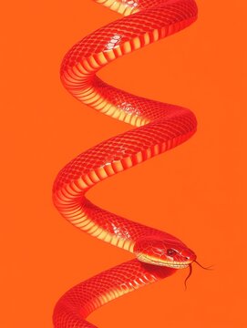 A modern and sleek digital illustration of a snake coiled in a double helix symbolizing energy and life force with a gradient of fiery red and orange shades with metallic copper accents